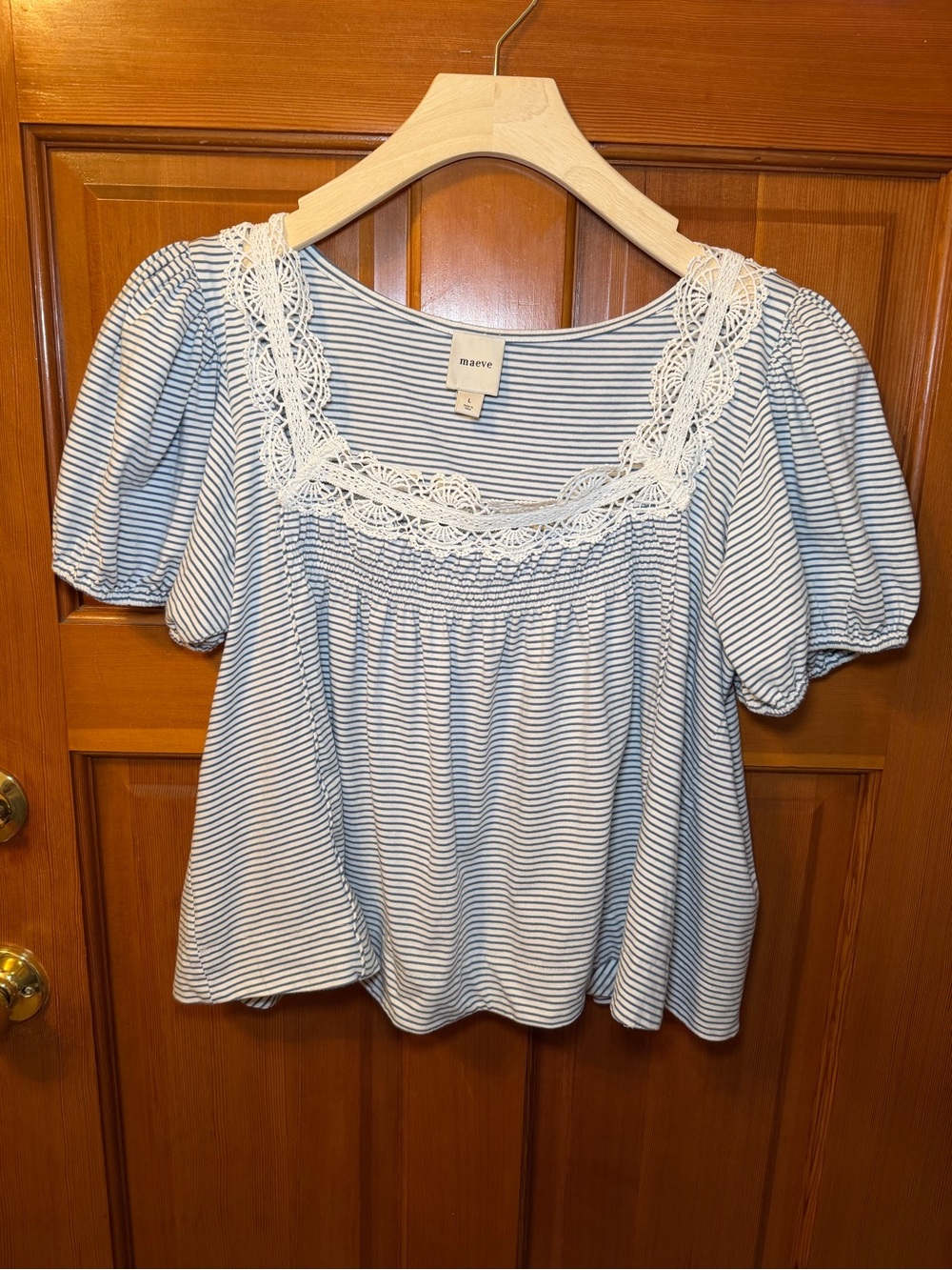 Maeve from Anthropologie Blue and White Striped Lace-Trim Puff Sleeve Swing Top